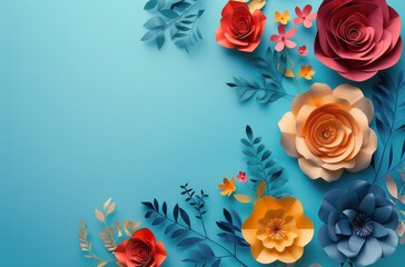 Canvas Print - Colorful Paper Flowers and Green Leaves on Blue Background