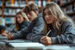 © fotofabrika - Young Woman Studying in a Library With Friends