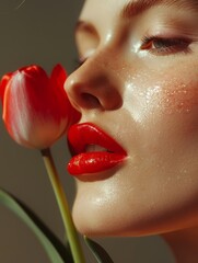 Wall Mural - profile portrait of a beautiful young woman with crimson red lipstick, holding a red tulip against her face