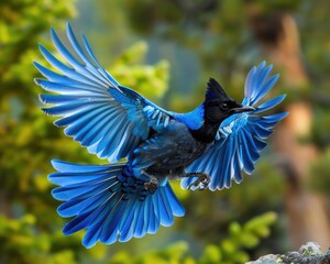 colorado bird. flying stellar beauty in nature: steller's jay with wide wings in rocky mountain fore