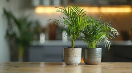 a cozy kitchen environment focuses on two small potted plants placed on a wooden table, bringing nat