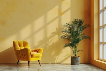 Wall Mural - A bright yellow chair sits in front of a window with a view, great for use as a decorative piece or to add some color to a room