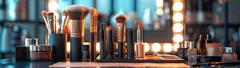 Makeup brushes and tools on a vanity table.