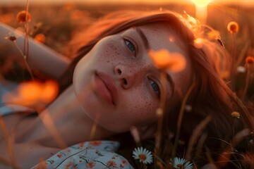 Wall Mural - Girl with a serene expression, lying in a field of wildflowers with the setting sun