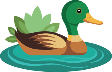 Vector illustration of a mallard duck swimming in a pond, featuring vibrant colors and greenery. Ideal for nature and wildlife themes.