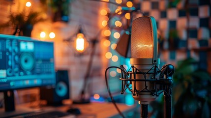 A high-quality microphone setup in a well-lit home studio, capturing a warm and creative environment for sound recording.