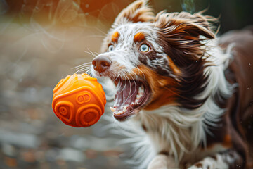 Wall Mural - Dog playing fetch with orange ball toy