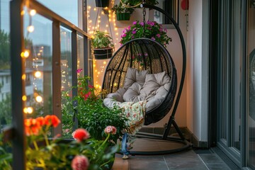 Canvas Print - A hanging chair on a balcony decorated with flowers