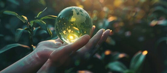 human hand holding a green globe with growing trees