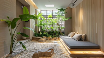 A serene relaxation space with minimalist design and natural elements, featuring ambient lighting and tranquility.