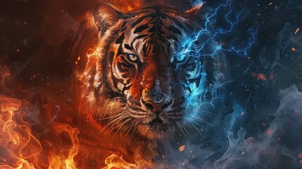 Artistic illustration of a tiger with half flame and half blue lightning in the form of a dragon. 