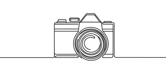 Line drawing photo camera. Single draw photo icon, line art photography camera outline, continuous monoline drawing