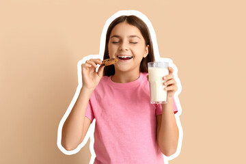 Poster - Little girl holding sweet chocolate cookie and glass of fresh milk on beige background