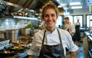 a female chef in a white chef's coat and black apron stands in her restaurant kitchen, smiling at th