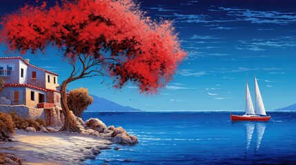 Poster - Red tree by the sea