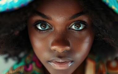 Poster - A black woman with blue eyes and dark curly hair looks directly at the camera. She is wearing a colorful patterned scarf