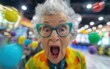 © imagineRbc - An elderly woman in colorful clothing and glasses with wide eyes and an open mouth stands in a room with brightly colored lights, reacting excitedly to winning bingo or the lottery