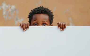 A young Black child with dark hair hides behind a white sign, peeking over the top with a surprised expression