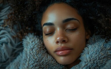 Wall Mural - A young African American woman with curly hair sleeps peacefully under a soft, blue blanket. Her eyes are closed, and she appears to be resting comfortably