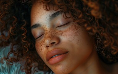 Wall Mural - A close-up portrait of a young woman sleeping with her eyes closed. Her face is covered in freckles and her hair is curly