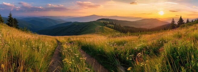 Wall Mural - A panoramic view of the Carpathian Mountains at sunset, with winding trails leading to alpine meadows and dense forests Generative AI