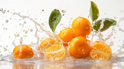 Vibrant and fresh oranges splash dynamically in a burst of water, full of life and juicy energy, exuding freshness.