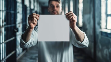 Wall Mural - man inside a prison holding a blank sign