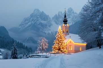 Wall Mural - Snowy Mountain Chapel Decorated for Christmas at Dusk