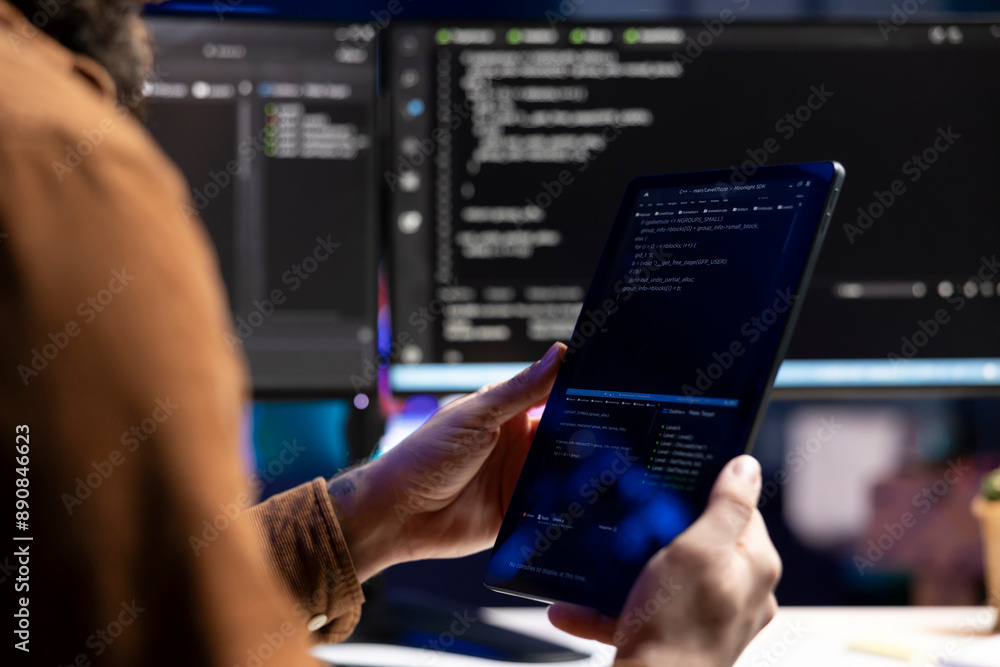 Computer scientist doing software quality assurance using tablet ...