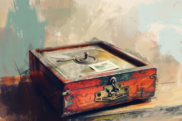 A wind-up music box with a broken crank and a faded picture on the lid. Illustration --ar 3:2 --style raw Job ID: 0402f091-78ef-4677-b3e5-bfe742c5c588