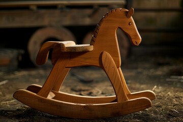 A beautifully crafted wooden rocking horse with a smooth, glossy finish, perfect for a child's nursery. The horse's gentle curves and soft wood tone evoke a sense of warmth and comfort.