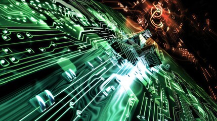 Wall Mural - abstract representation of circuit board with glowing green lines