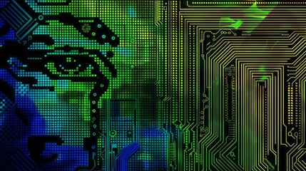 Wall Mural - abstract digital circuitry with green and blue lights