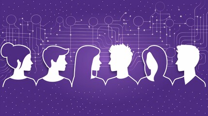 Wall Mural - silhouettes of people facing forward against a purple technology background