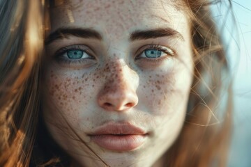 Poster - Close-up shot of a woman's face featuring freckles, great for beauty and cosmetics related content