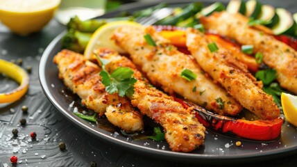 Wall Mural - Grilled chicken strips with vegetables and lemon wedges