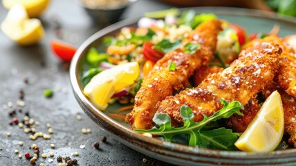 Wall Mural - Crispy fried chicken tenders with fresh salad and lemon wedges on plate