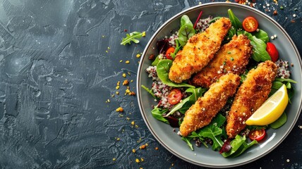 Wall Mural - Crispy chicken tenders on bed of fresh mixed greens, tomatoes, and quinoa with lemon slices