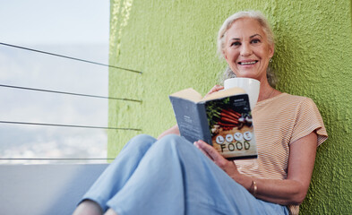 Poster - Senior woman, portrait and book in retirement for relax, learning and wellness in morning on weekend. Elderly person, coffee and reading on balcony of home for peace, storytelling and hobby with cup