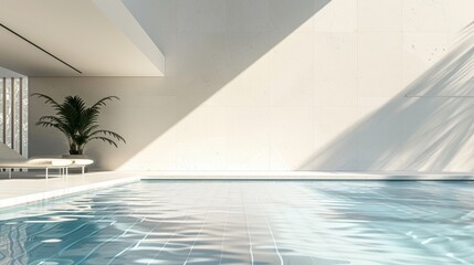 Wall Mural - A large swimming pool with a white wall and a potted plant in front of it