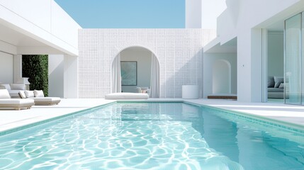 Wall Mural - A large pool with a white wall and white furniture