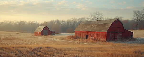 A rustic red barn in a field with a smaller barn in the background.