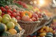© Onzdemia - A vibrant display of fresh produce in baskets at a market stall, bathed in warm sunlight.