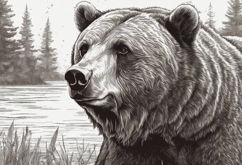 brown bear illustration drawing engraving ink line art vector