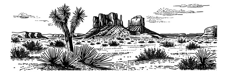 Wall Mural - desert america engraving black and white outline