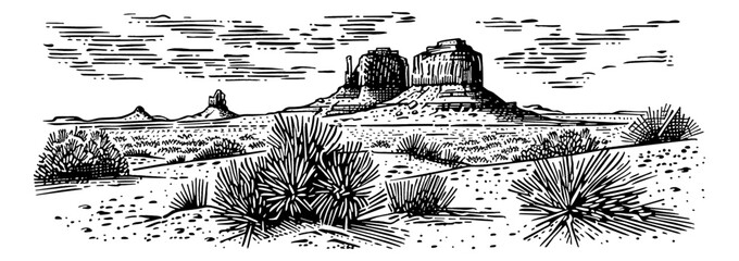 desert america engraving black and white outline