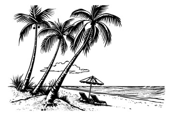 Wall Mural - beach sea palm engraving black and white outline