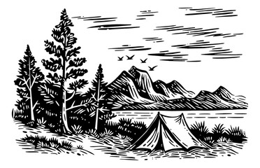 Wall Mural - camping tent mountain landscape engraving black and white outline