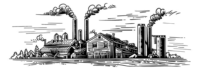 industrial landscape engraving black and white outline