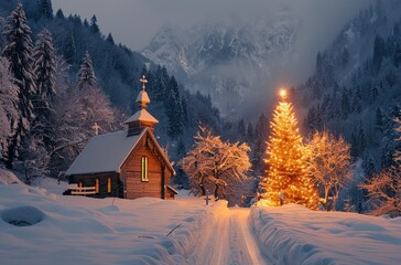 Wall Mural - Illuminated Church and Christmas Tree in Snowy Mountain Valley at Twilight